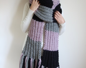 Chunky Knit Wool Scarf: Oversized Striped Fringe Scarf