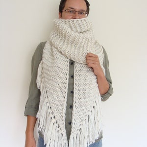 Asymmetric giant knitted scarf, long ivory shawl with tassels, fringe winter wrap scarf, large women's scarf image 2