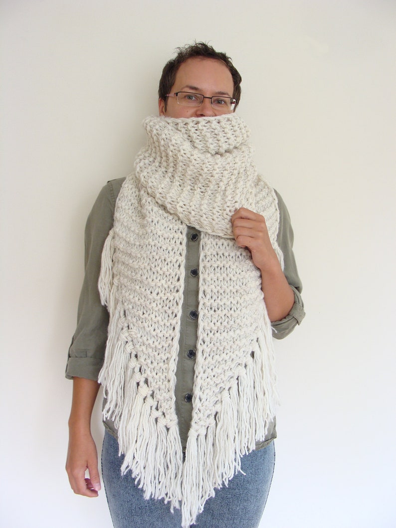 Asymmetric giant knitted scarf, long ivory shawl with tassels, fringe winter wrap scarf, large women's scarf image 2