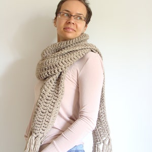 Extra long crochet scarf, taupe boho wrap scarf, large wool scarf with tassels, oversized womens scarf, open ended fringe scarf image 6