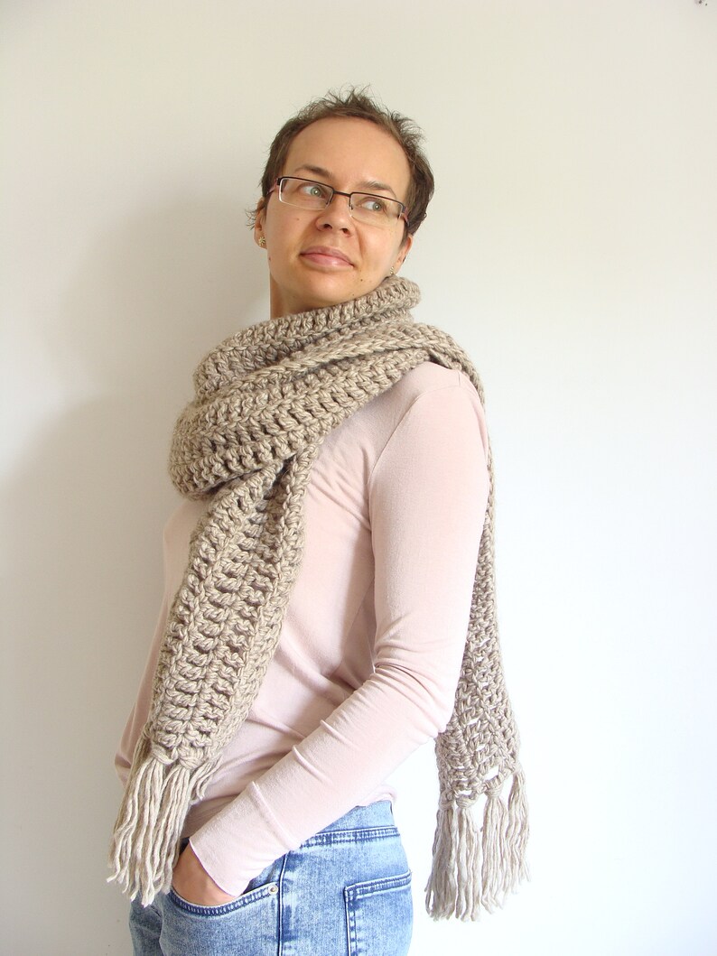 Extra long crochet scarf, taupe boho wrap scarf, large wool scarf with tassels, oversized womens scarf, open ended fringe scarf image 6