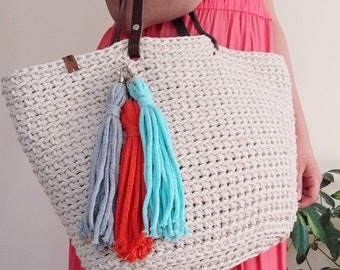 Crochet bag with leather straps, cotton rope bag, boho fringe bag, custom basket bag with lining