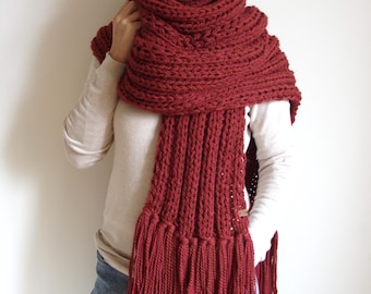 Chunky Knit Wool Alpaca Scarf: XXL Fringe, Giant Wrap, Winter Tassels