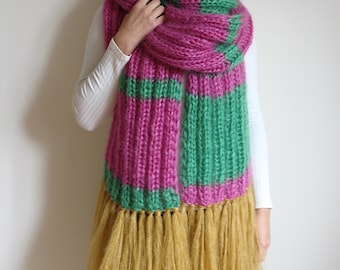 Two-Toned Knit Mohair Scarf with Tassels: Striped Winter Scarf