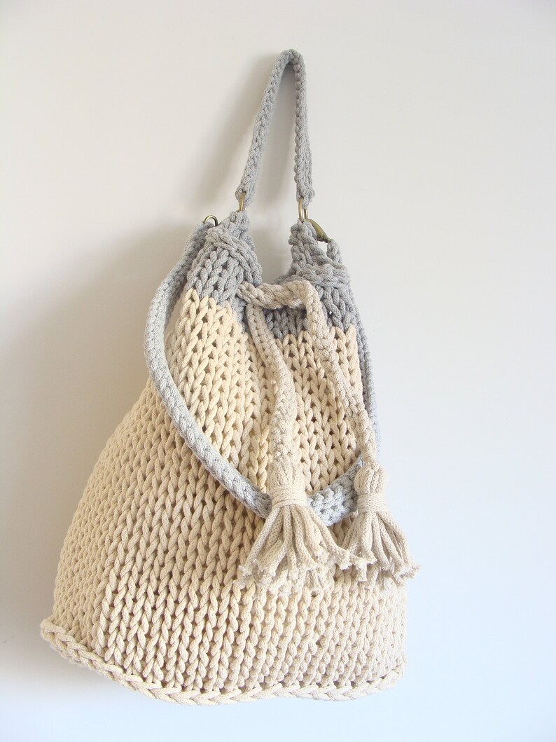 Knitted Bucket Bag Knit Cotton Rope Bag Crossbody Boho Bag Etsy
