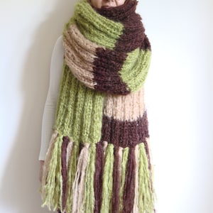 Knit mohair scarf with tassels, oversized chunky knitted fringe scarf, striped woolen scarf, giant wrap scarf, unisex large winter scarf