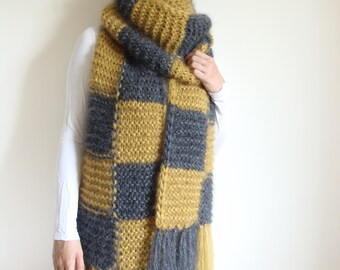 Hand-Knitted Mohair Scarf: Checkered Plaid Wrap with Tassels