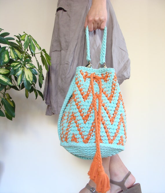 Modern Crochet Bucket Bag With Lining, Chevron Cotton Rope Bag