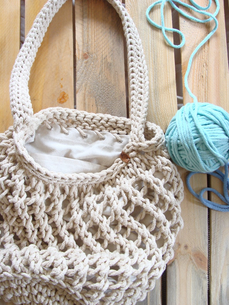 Knit net bag cotton rope bag mesh bag with lining knitted Etsy