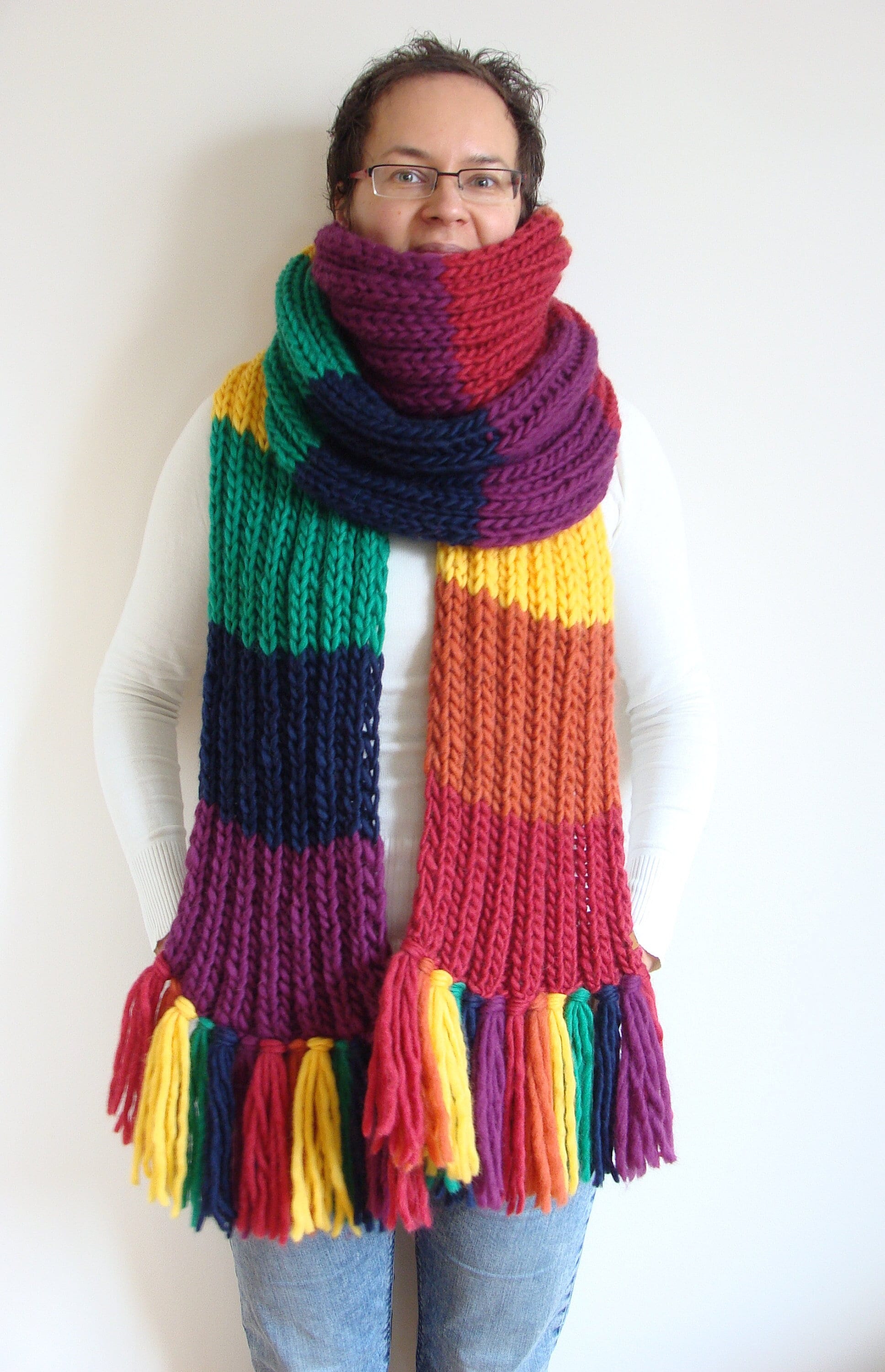 Handknit Scarf - Solid color with multi colored fringe - South Union Mills