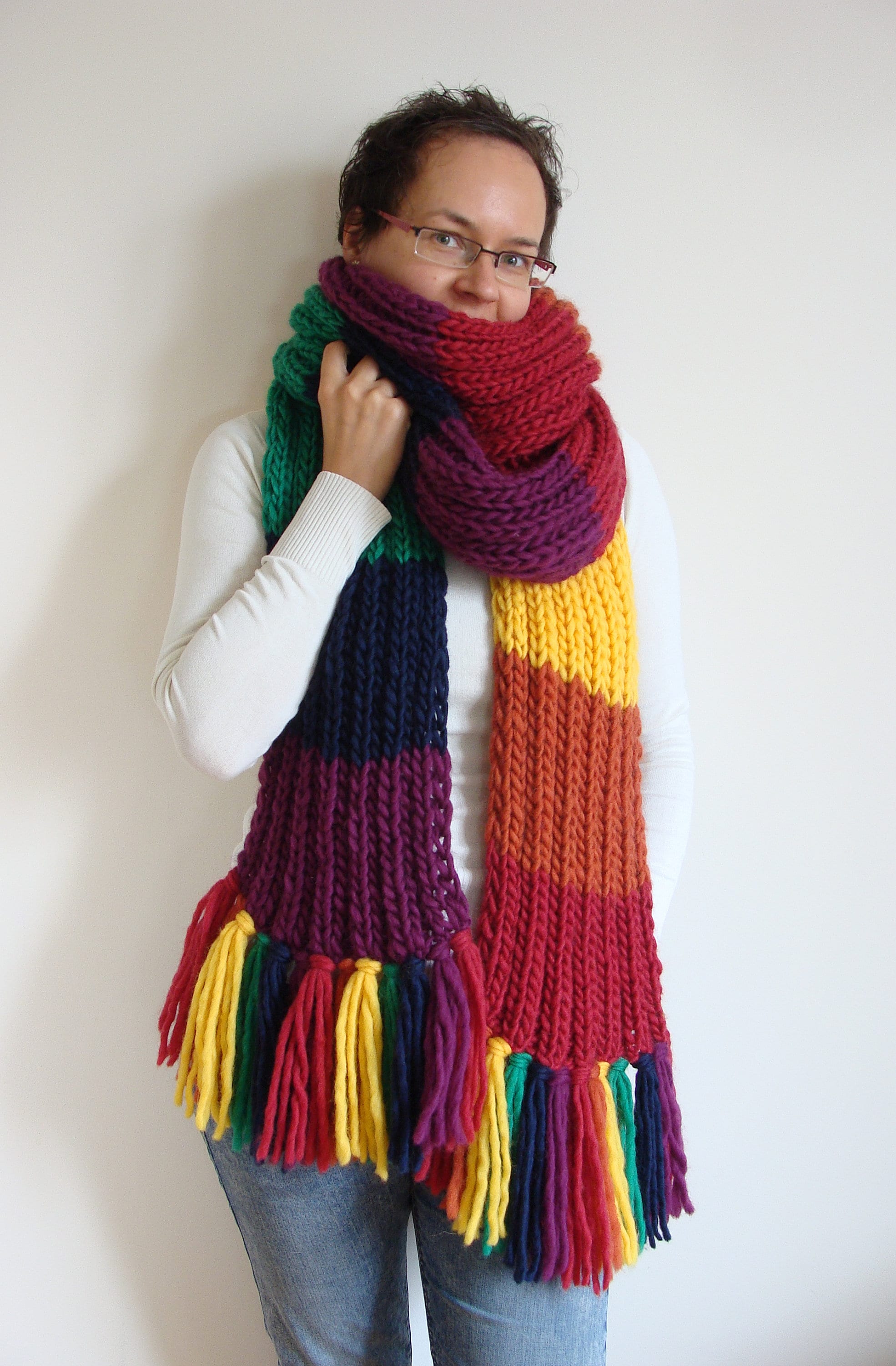 Rainbow Wool Knit Scarf: Jumbo Fringe Shawl - Etsy
