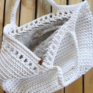 Large crochet beach bag, basket tote bag, big cotton rope bag with lining, custom boho cord bag White