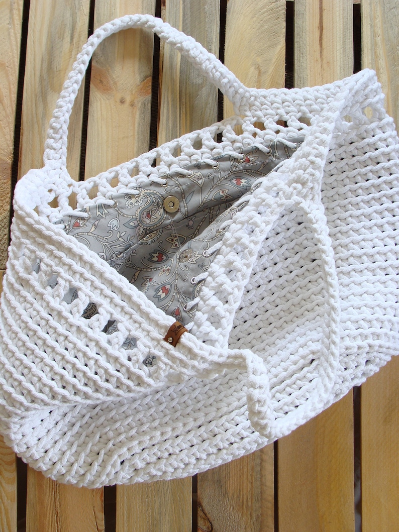 Large crochet beach bag, basket tote bag, big cotton rope bag with lining, custom boho cord bag White