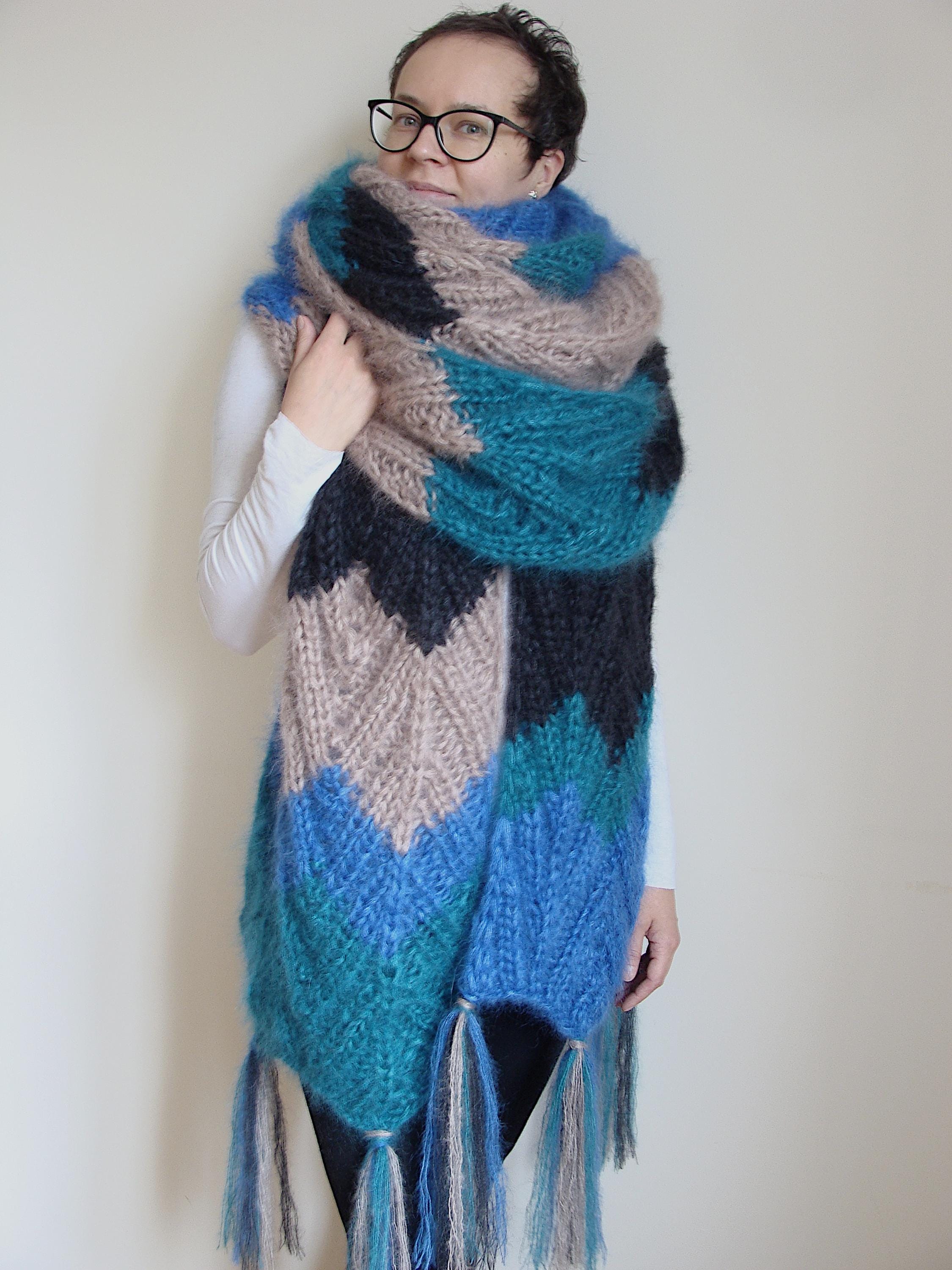 Chevron Knit Mohair Scarf with Tassels: Oversized Winter Scarf