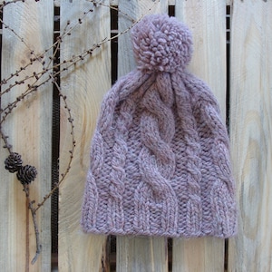 Cable knit hat with pompom, chunky beanie hat, knitted wool hat, braided bobble toque