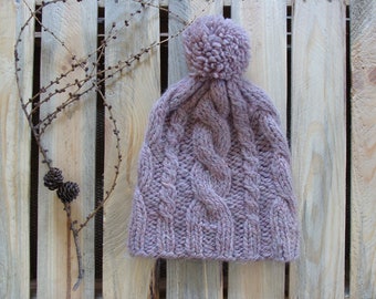 Chunky Cable Knit Beanie with Pompom: Wool Alpaca Blend
