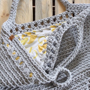 Large crochet beach bag, basket tote bag, big cotton rope bag with lining, custom boho cord bag Gray