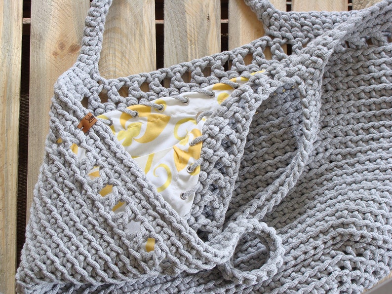 Large crochet beach bag, basket tote bag, big cotton rope bag with lining, custom boho cord bag Gray