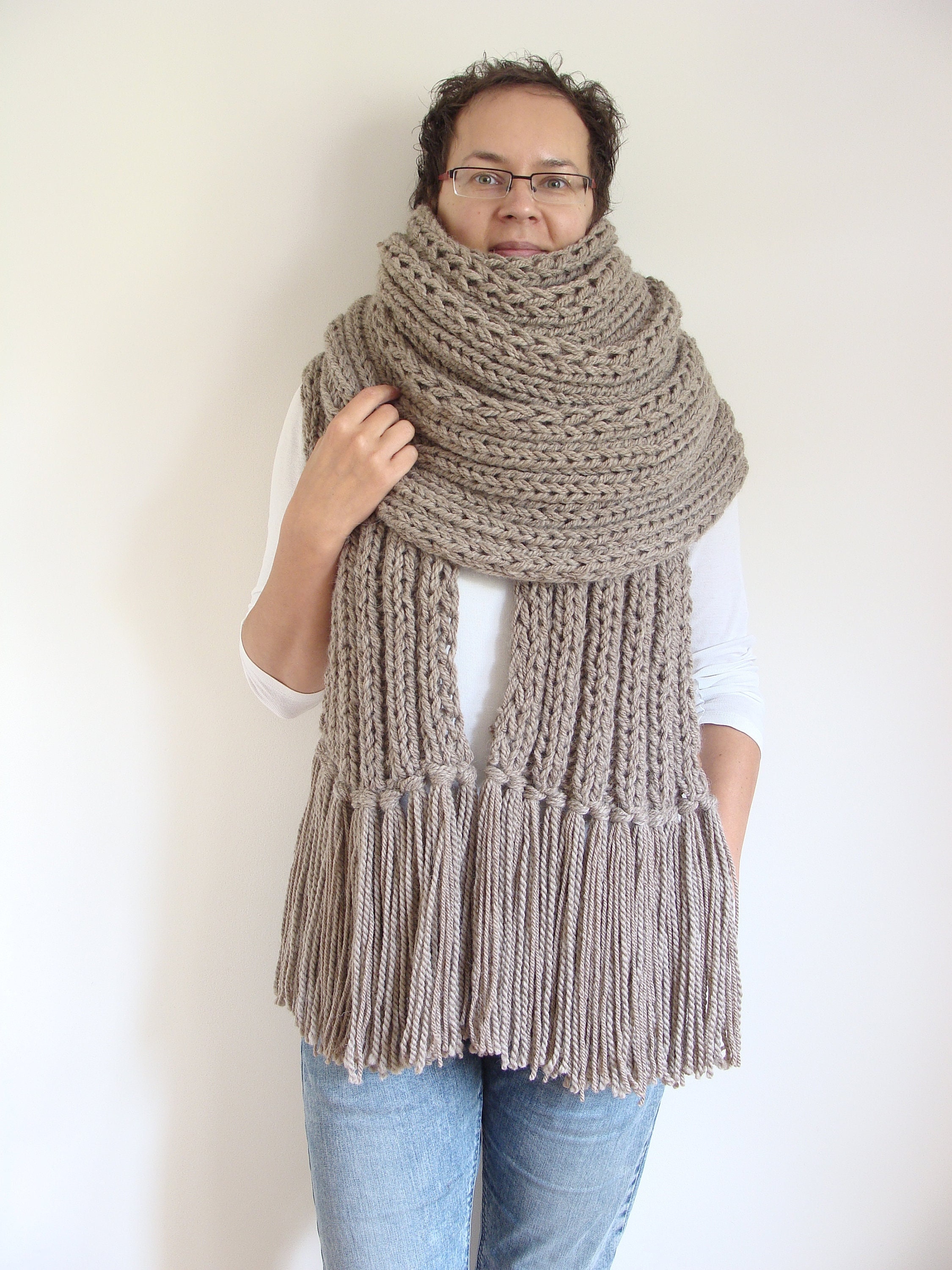 Oversized Knit Scarf With Tassels, Huge Chunky Knitted