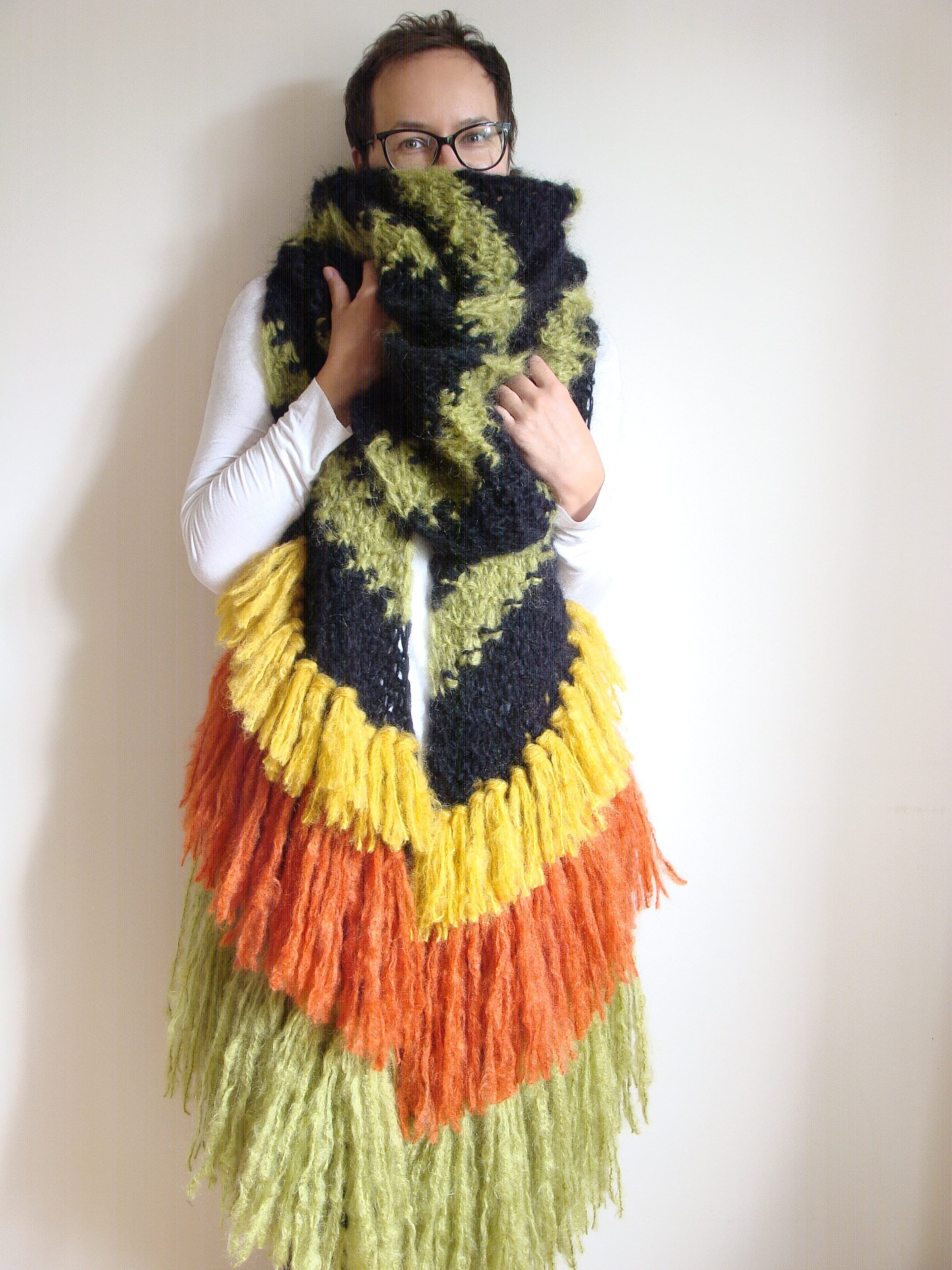 Hand Knit Asymmetrical Mohair Scarf, Chunky Knitted Striped Scarf With ...