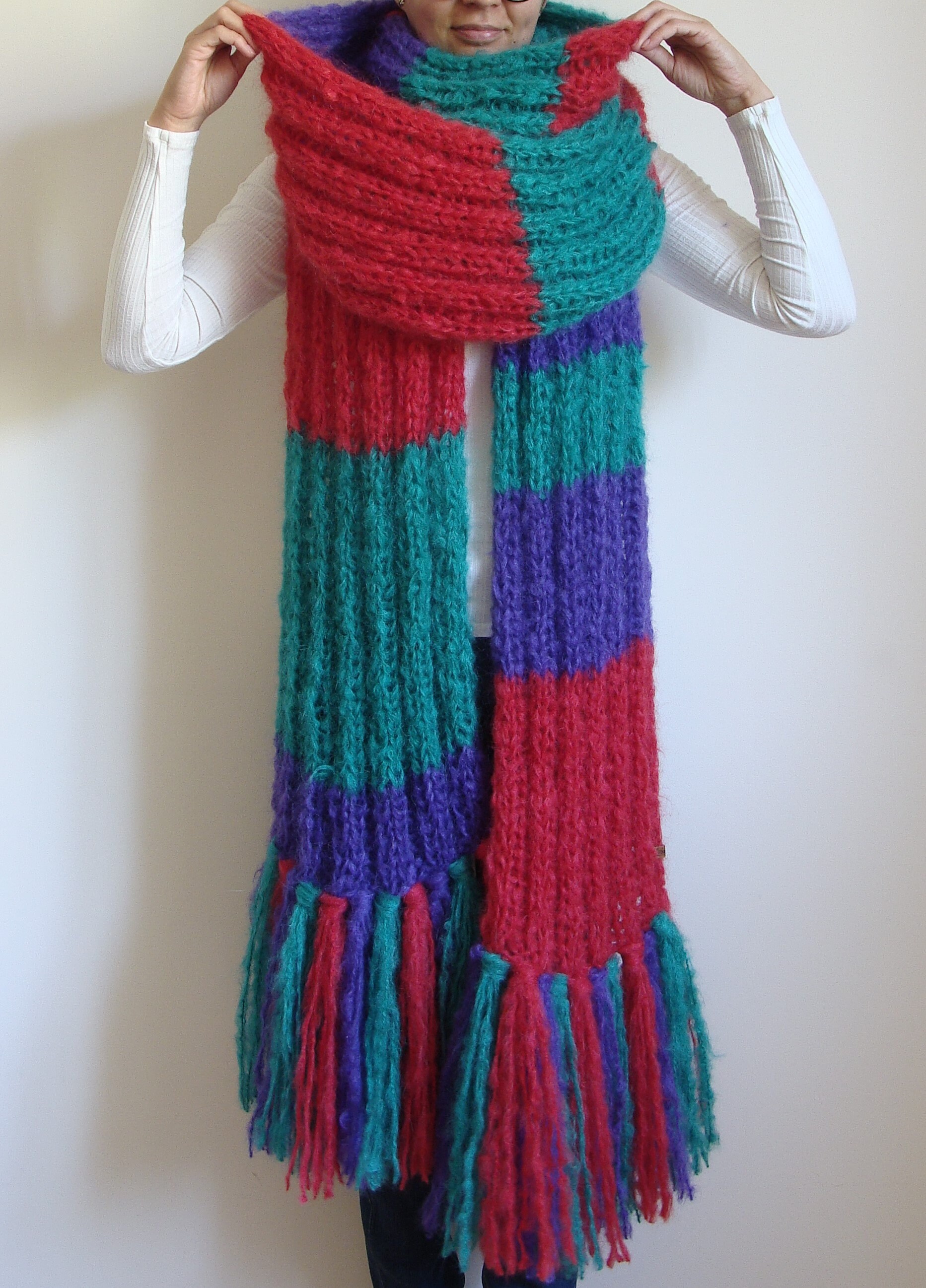 Knit Mohair Scarf With Tassels, Oversized Chunky Knitted