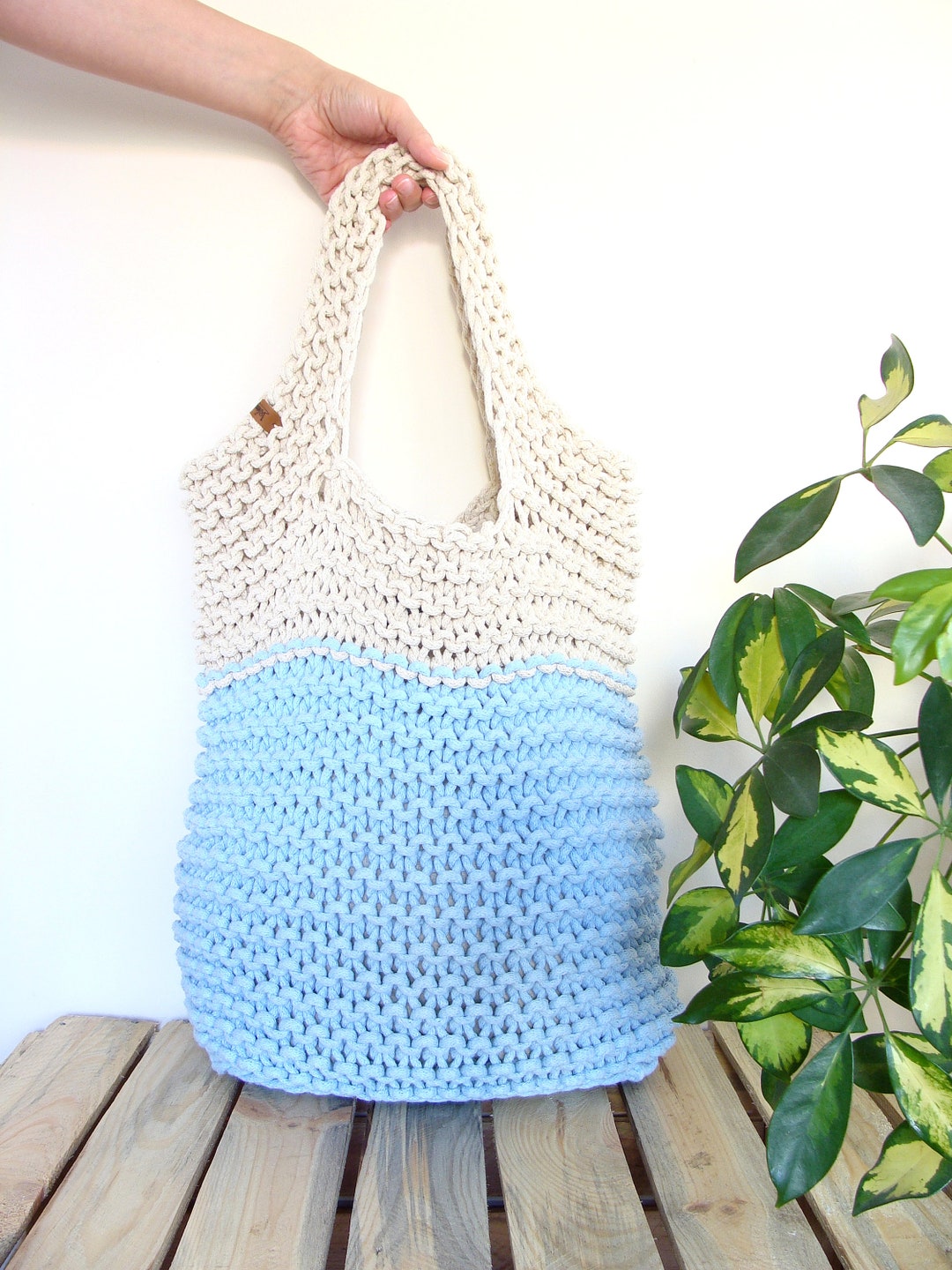 Twotoned Knitted Hobo Bag, Cotton Rope Bag, Knit Slouchy Tote Bag