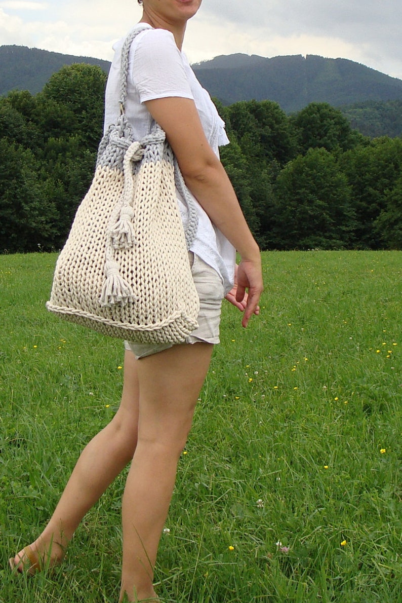 Knitted Bucket Bag Knit Cotton Rope Bag Crossbody Boho Bag Etsy