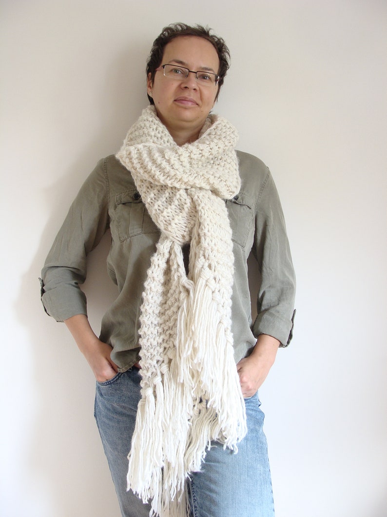 Asymmetric giant knitted scarf, long ivory shawl with tassels, fringe winter wrap scarf, large women's scarf image 6