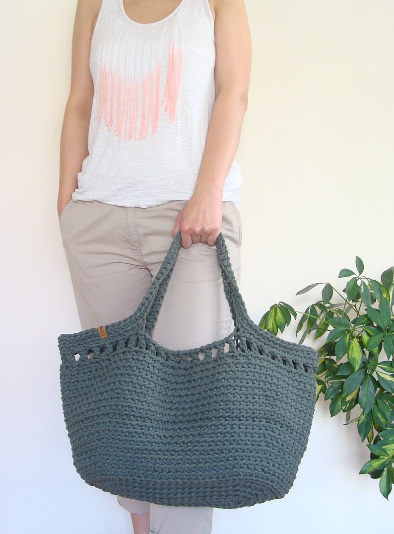 Large crochet beach bag, basket tote bag, big cotton rope bag with lining, custom boho cord bag Olive