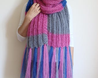 ★RaJu★ [Exclusive]Mohair Chunky Muffler 9 Color Colorful Knit Mohair Scarf With Tassels, Oversized Woolen