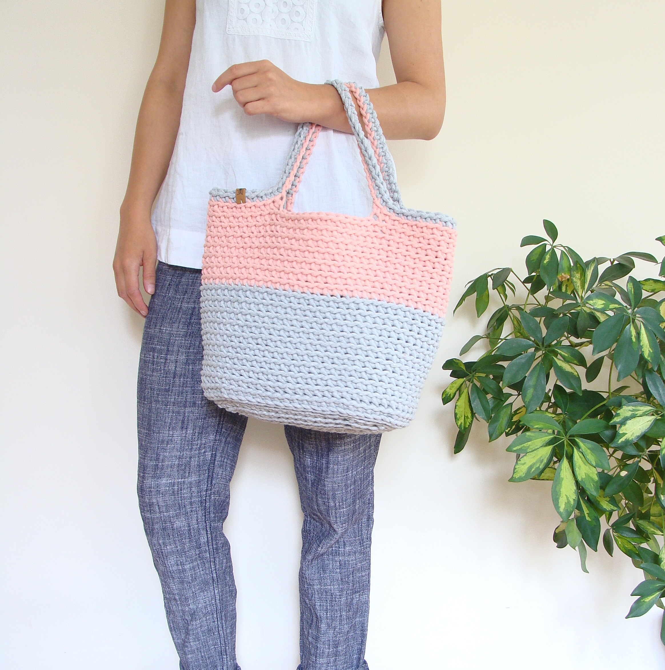 Two Color Crochet Bag Cotton Cord Basket Tote Custom Beach - Etsy