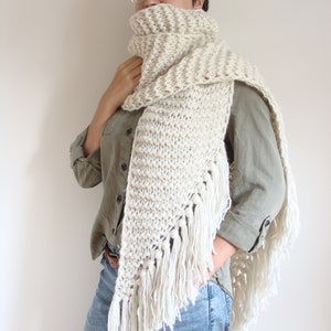 Asymmetric giant knitted scarf, long ivory shawl with tassels, fringe winter wrap scarf, large women's scarf image 9