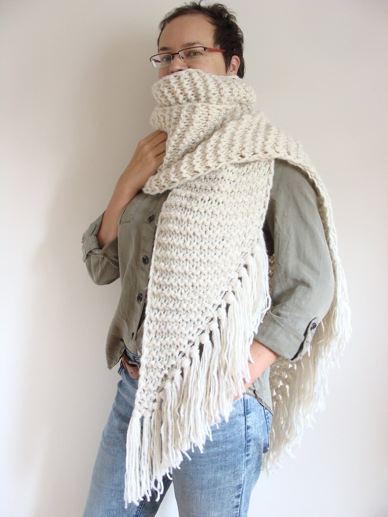 Asymmetric giant knitted scarf, long ivory shawl with tassels, fringe winter wrap scarf, large women's scarf image 9
