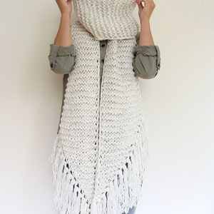 Asymmetric giant knitted scarf, long ivory shawl with tassels, fringe winter wrap scarf, large women's scarf image 3