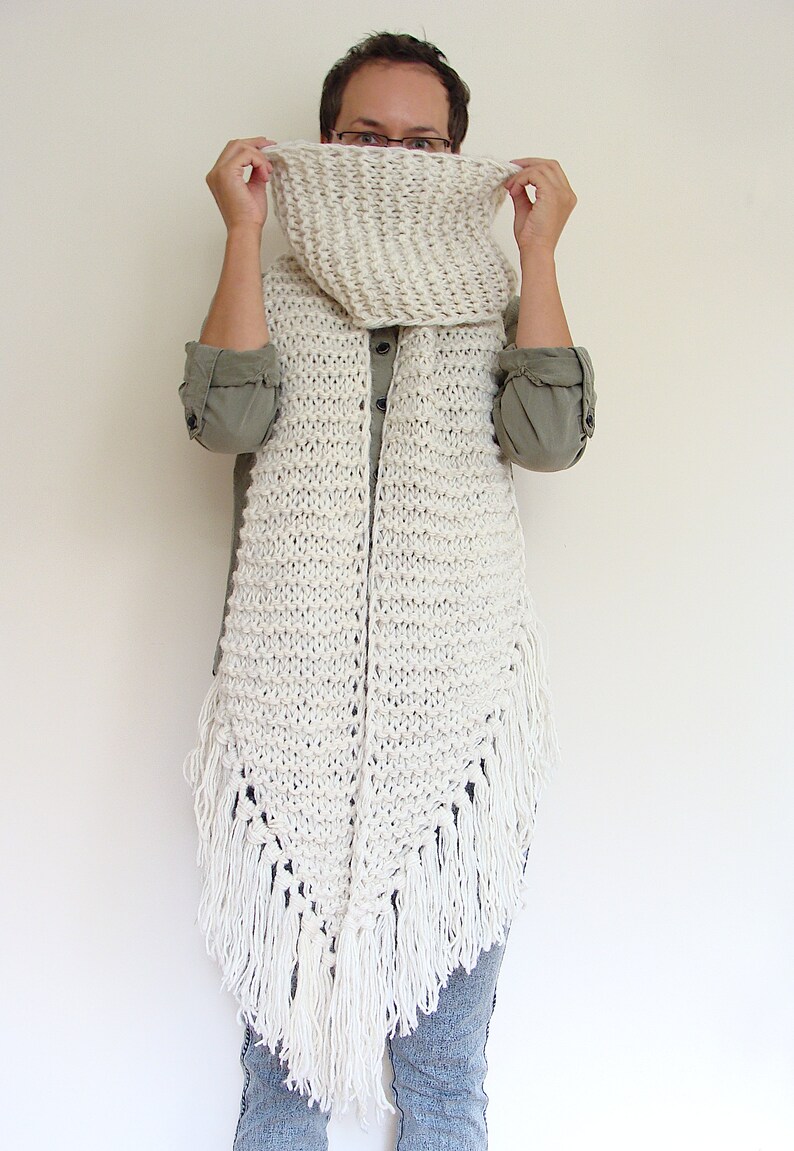 Asymmetric giant knitted scarf, long ivory shawl with tassels, fringe winter wrap scarf, large women's scarf image 3