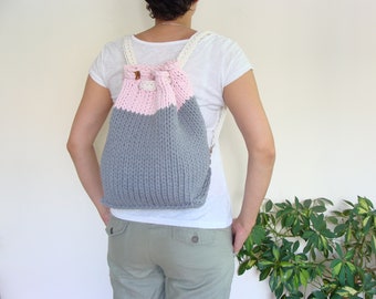 Knit drawstring backpack, cotton rope backpack, knitted bucket backpack, 2 in 1 satchel bag