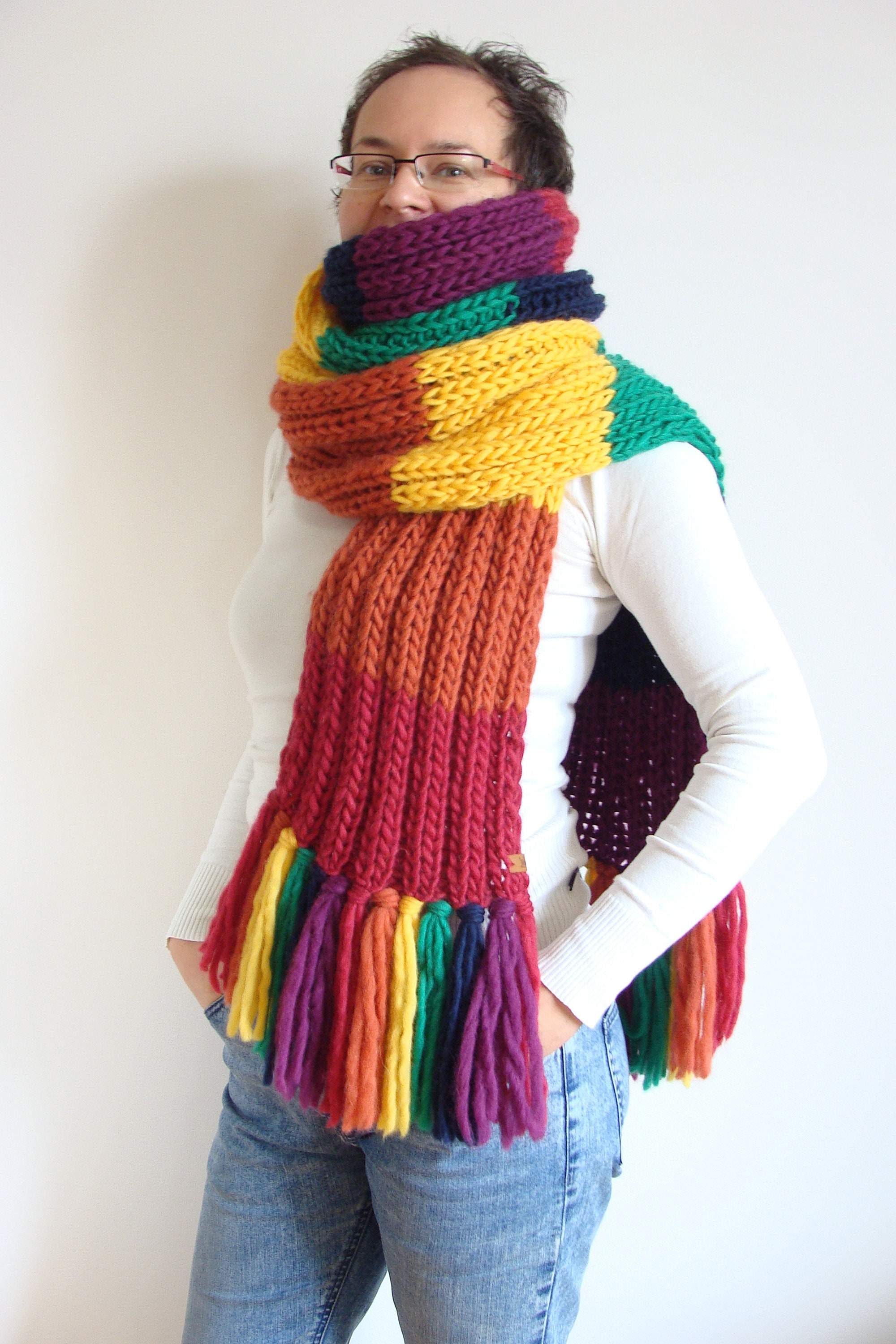 Handmade Crochet Bulky SCARF Variegated Yarn Acrylic Corner 2 Corner  Multicolor Fall Autumn 62 X 8 -  Sweden