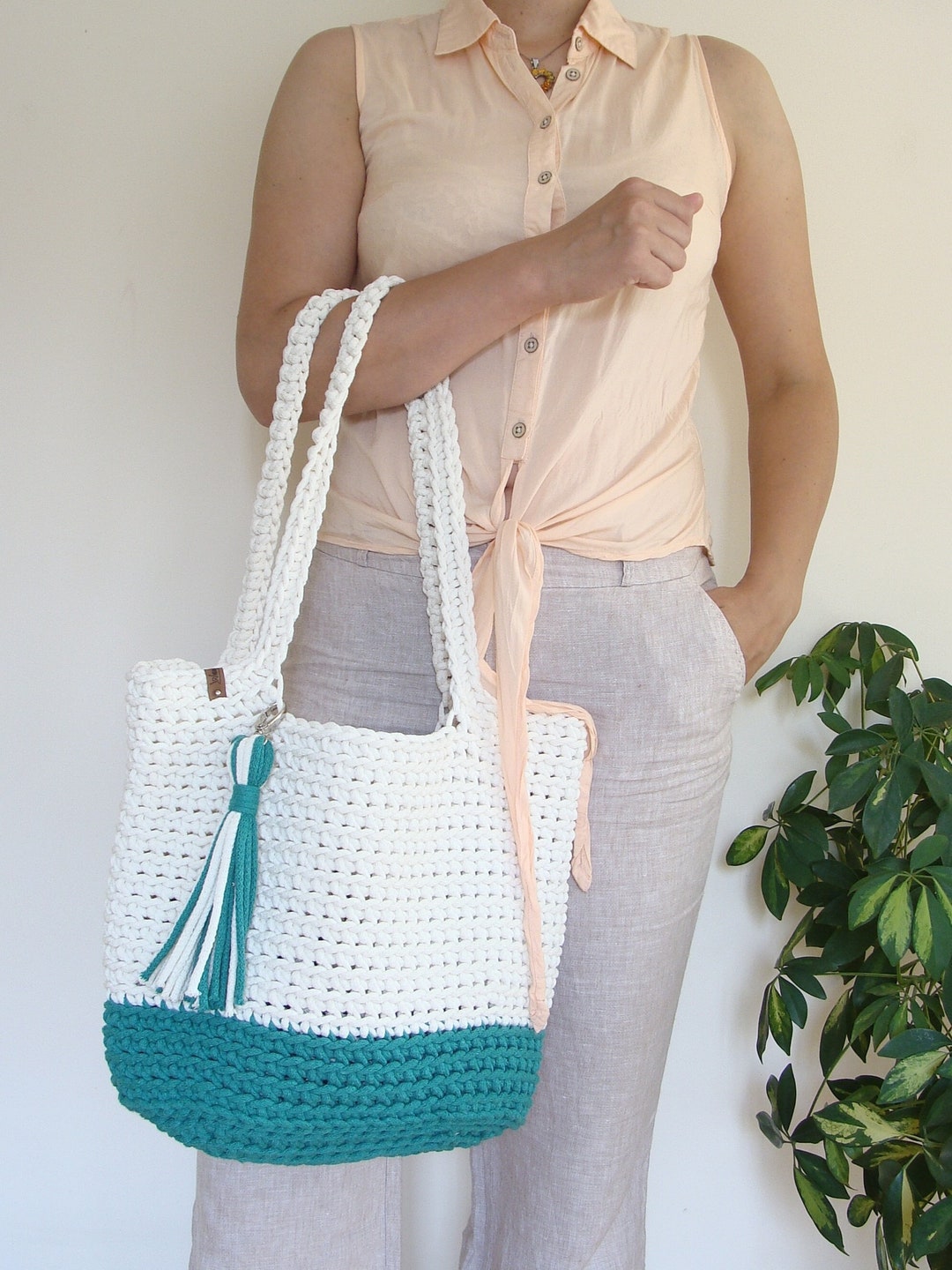 Two-toned Basket Bag With Long Handles, Boho Beach Bag, Custom Cotton ...