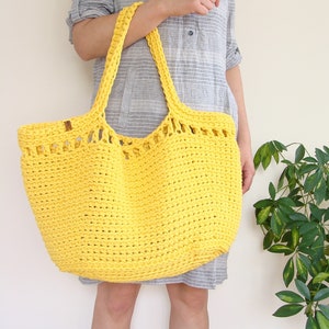 Large crochet beach bag, basket tote bag, big cotton rope bag with lining, custom boho cord bag Light yellow