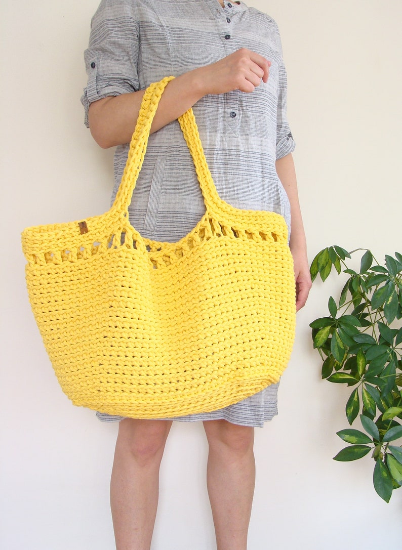 Large crochet beach bag, basket tote bag, big cotton rope bag with lining, custom boho cord bag Light yellow