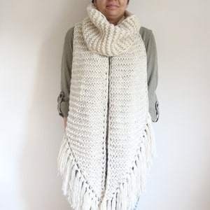 Asymmetric giant knitted scarf, long ivory shawl with tassels, fringe winter wrap scarf, large women's scarf image 7