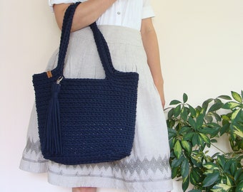 Basket bag with long handles, boho crochet bag, custom beach bag with tassel, cotton rope bag