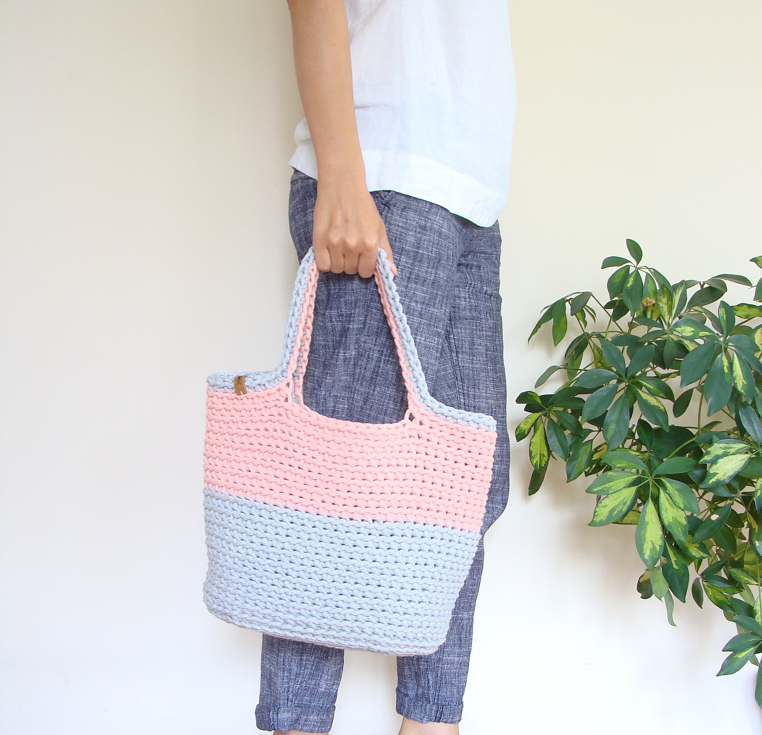 Two Color Crochet Bag Cotton Cord Basket Tote Custom Beach - Etsy