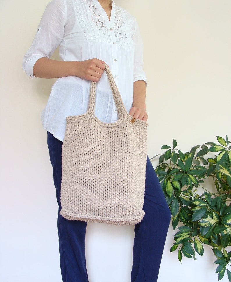 Knit Tote Bag With Pockets Cotton Rope Bag Knitted Beach - Etsy