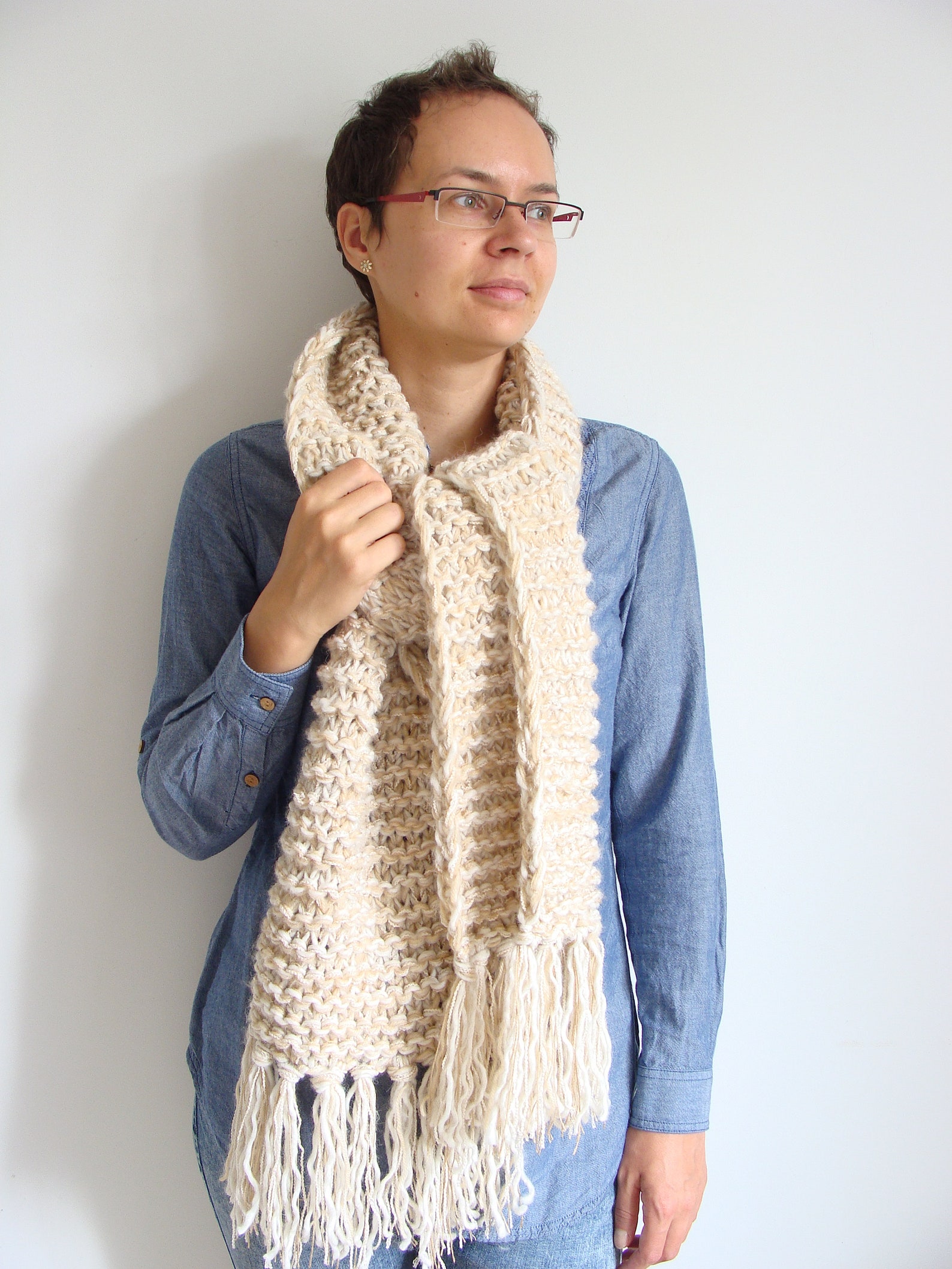 Neutral chunky knit scarf hand knitted large scarf fringe Etsy