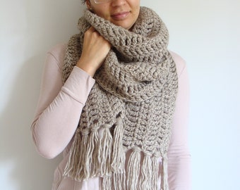 Extra Long Crochet Scarf: Wool Alpaca Blend, Boho Fringe Wrap