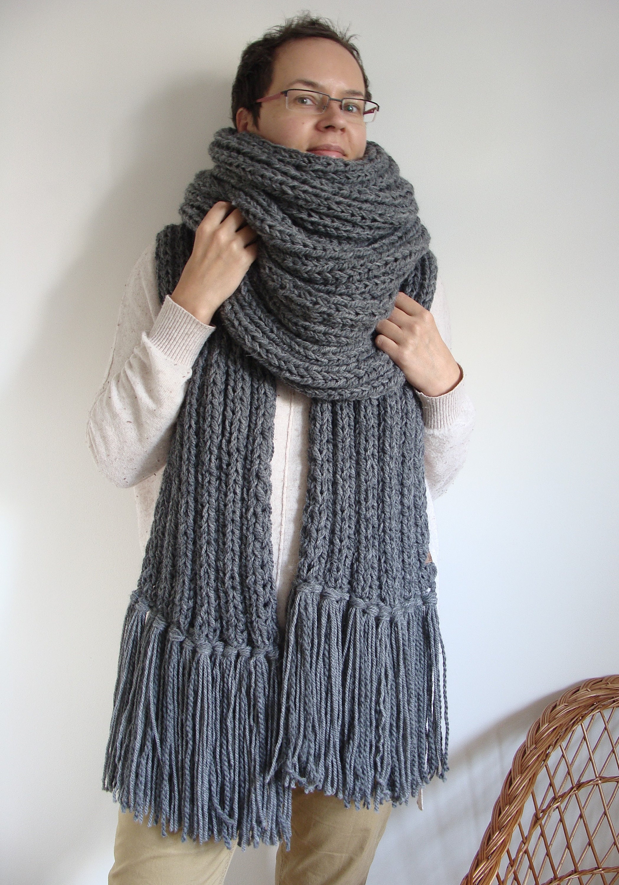 Oversized Knit Scarf With Tassels: Chunky Wool Alpaca Blend