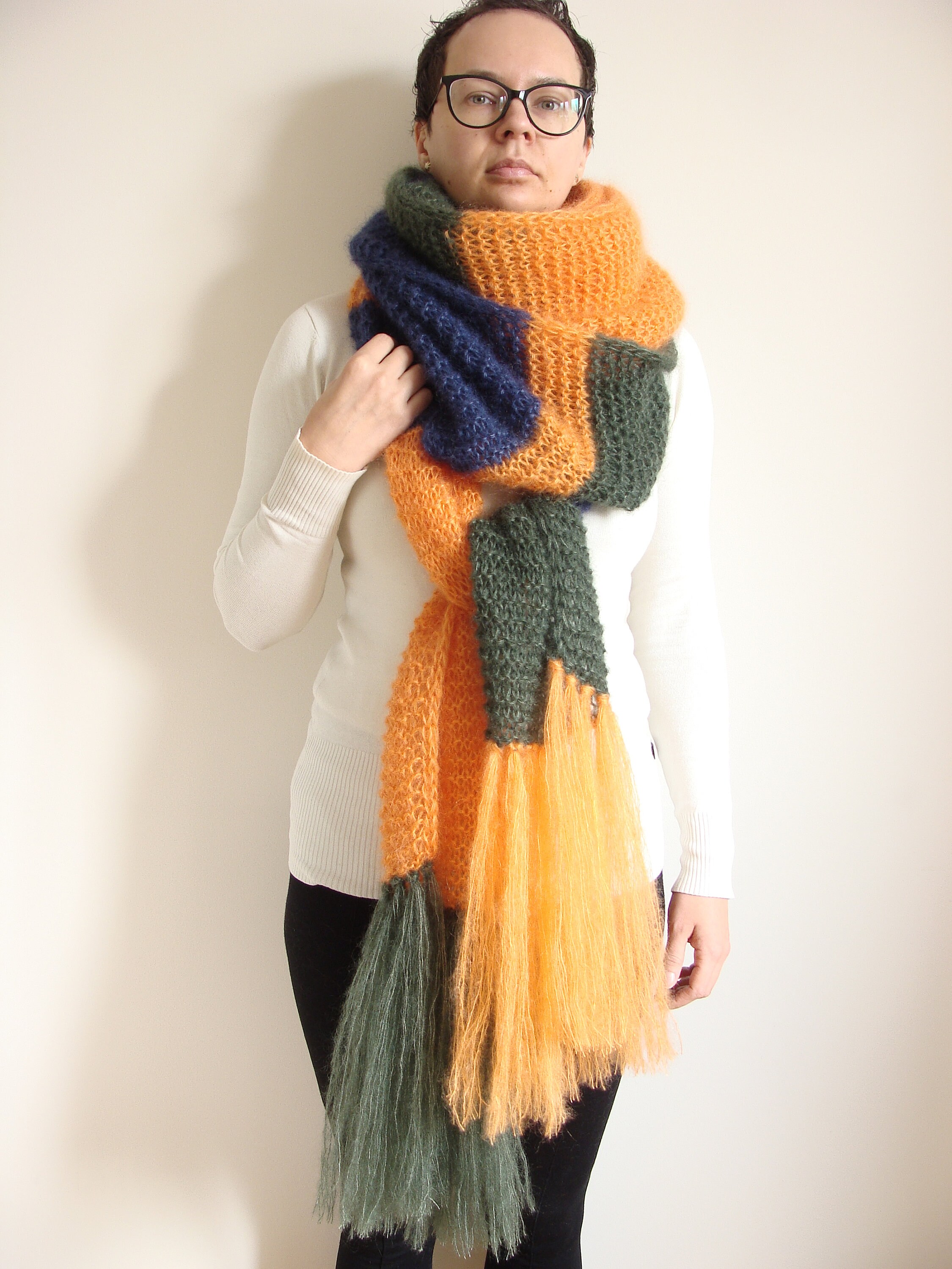 Color Block Knit Mohair Scarf With Tassels, Wide Woolen