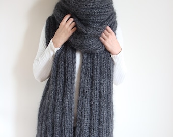 Grey Oversized Mohair Knit Scarf, Extra Long Chunky Wrap with tassels