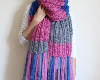 Striped Knit Mohair Scarf with Tassels: Oversized Woolen Shawl